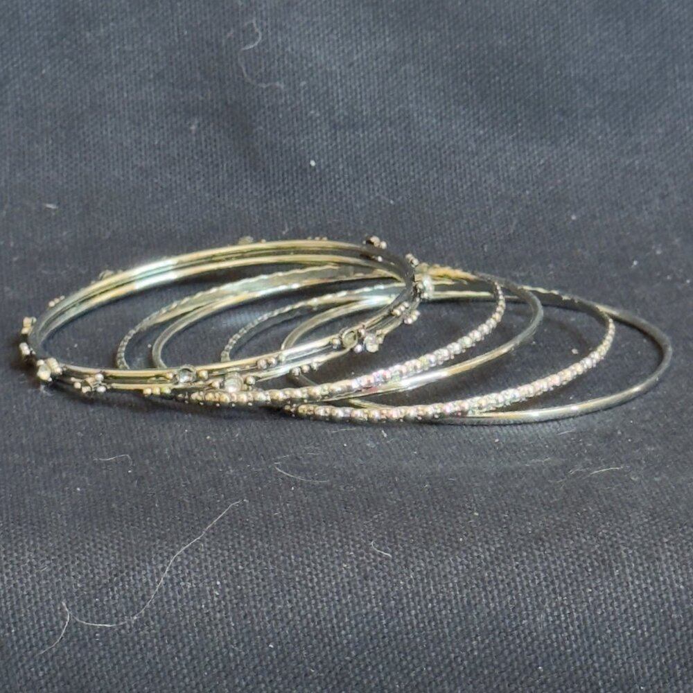 Set Of Six Silver-Tone Rhinestone Embellished Bangle Bracelets - Picture 5 of 7
